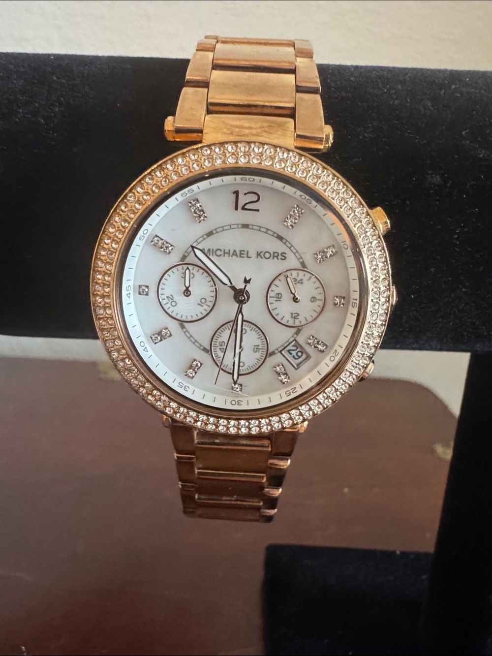 Michael Kors Rose Gold Crystal Bezel Chronograph Watch with Mother-of-Pearl Dial